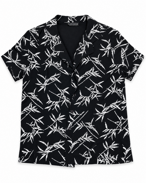 Lindor black and white leaf-print button-down shirt